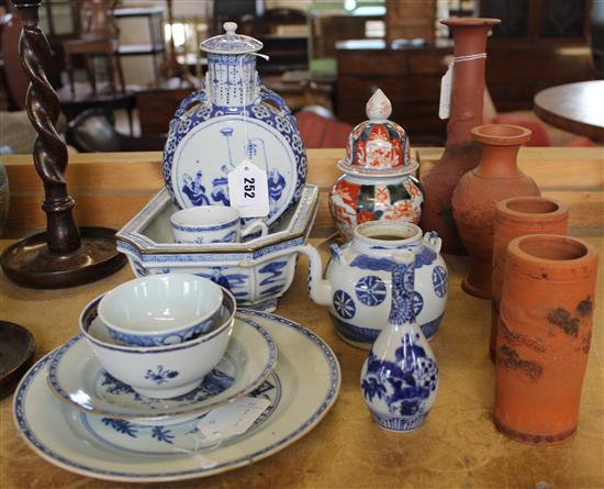 Collection Chinese blue & white ceramics, inc moonflask, Qianlong? plate, redware vases, Imari vase etc